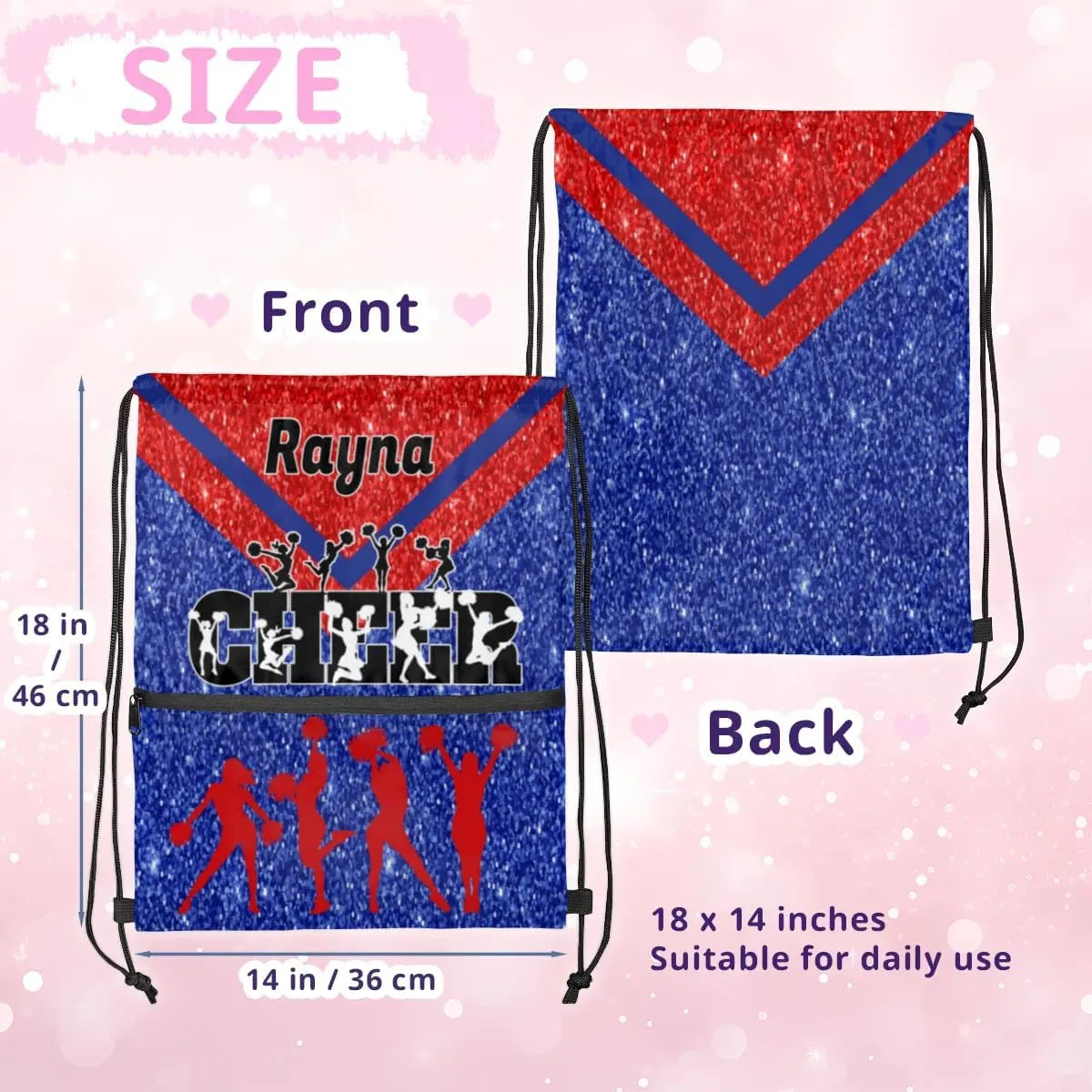 Personalized Name Pink Cheer Ballet Cheer Drawstring Bags For Cheerleaders Gymnastics Dance Sports Stuff Backpacks, Blue Red Glittering Cheerleading