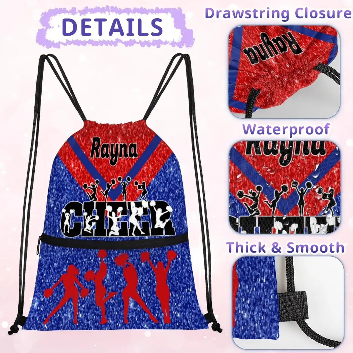 Personalized Name Pink Cheer Ballet Cheer Drawstring Bags For Cheerleaders Gymnastics Dance Sports Stuff Backpacks, Blue Red Glittering Cheerleading