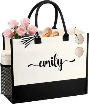 Personalized Name Tote Bag for Women, Birthday Best Friend Bridesmaid Gifts for Women Canvas Initial Tote Bags