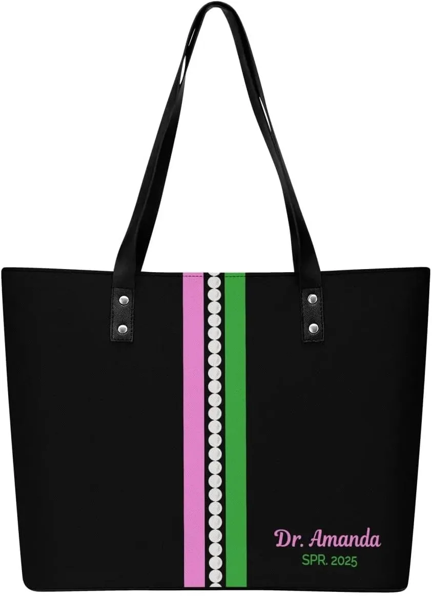 Personalized Pearl Stripe Faux Leather Tote Bag, Pink and Green Sorority-Inspired Design, Black