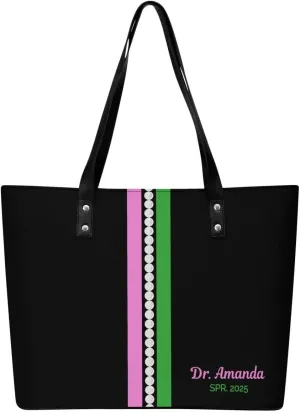 Personalized Pearl Stripe Faux Leather Tote Bag, Pink and Green Sorority-Inspired Design, Black
