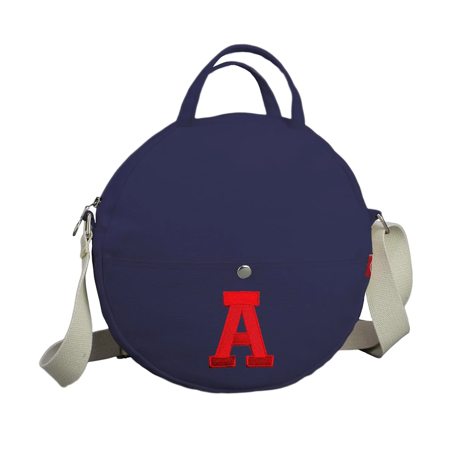 Personalized Round Crossbody Bag Custom Embroidered Circle Purse Monogram Canvas Shoulder Bag Unique Gift for Women Mom Navy Blue Handbag