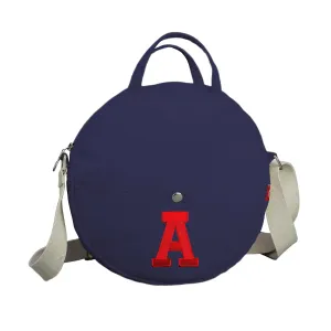 Personalized Round Crossbody Bag Custom Embroidered Circle Purse Monogram Canvas Shoulder Bag Unique Gift for Women Mom Navy Blue Handbag