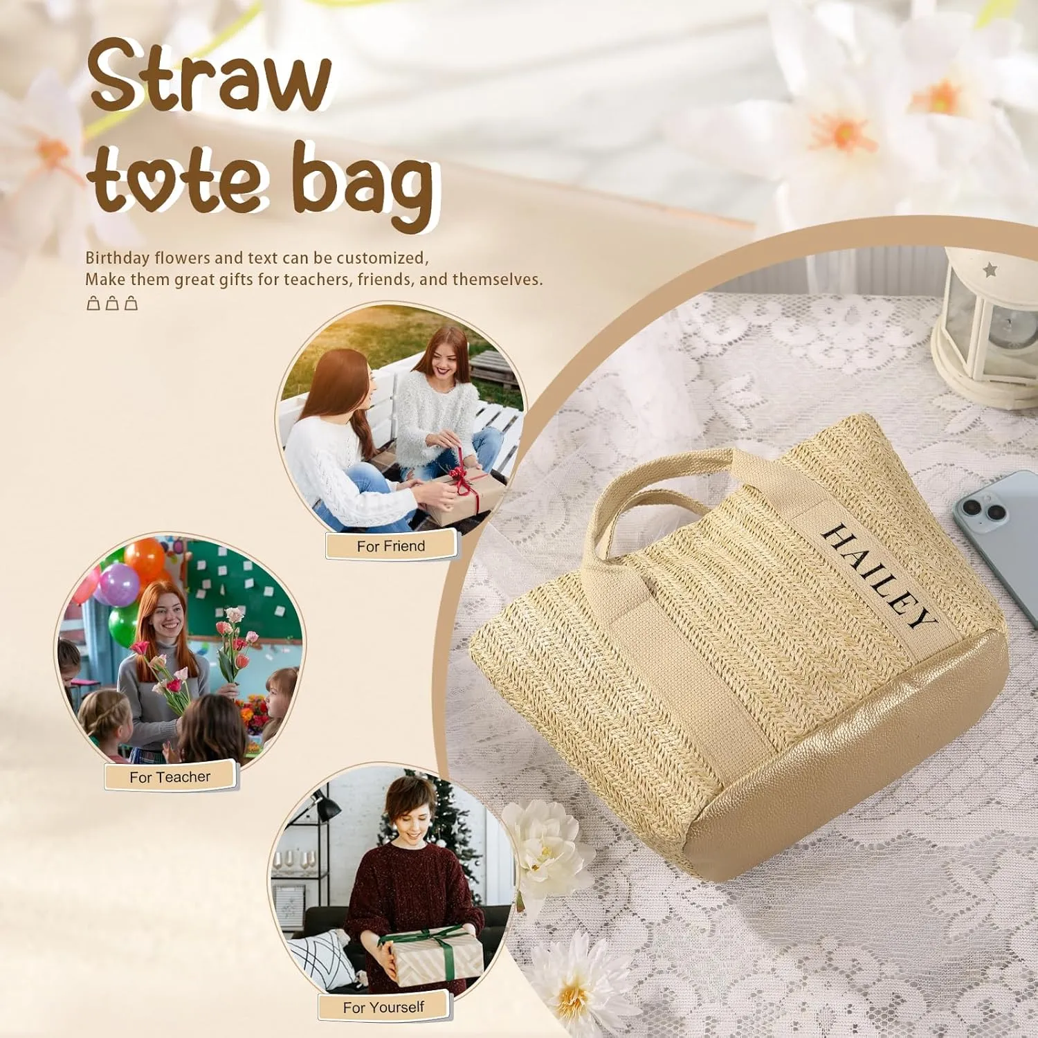 Personalized Straw Beach Tote Bag, Large Monogram Design with Flowers, Women Mother’s Day Gift