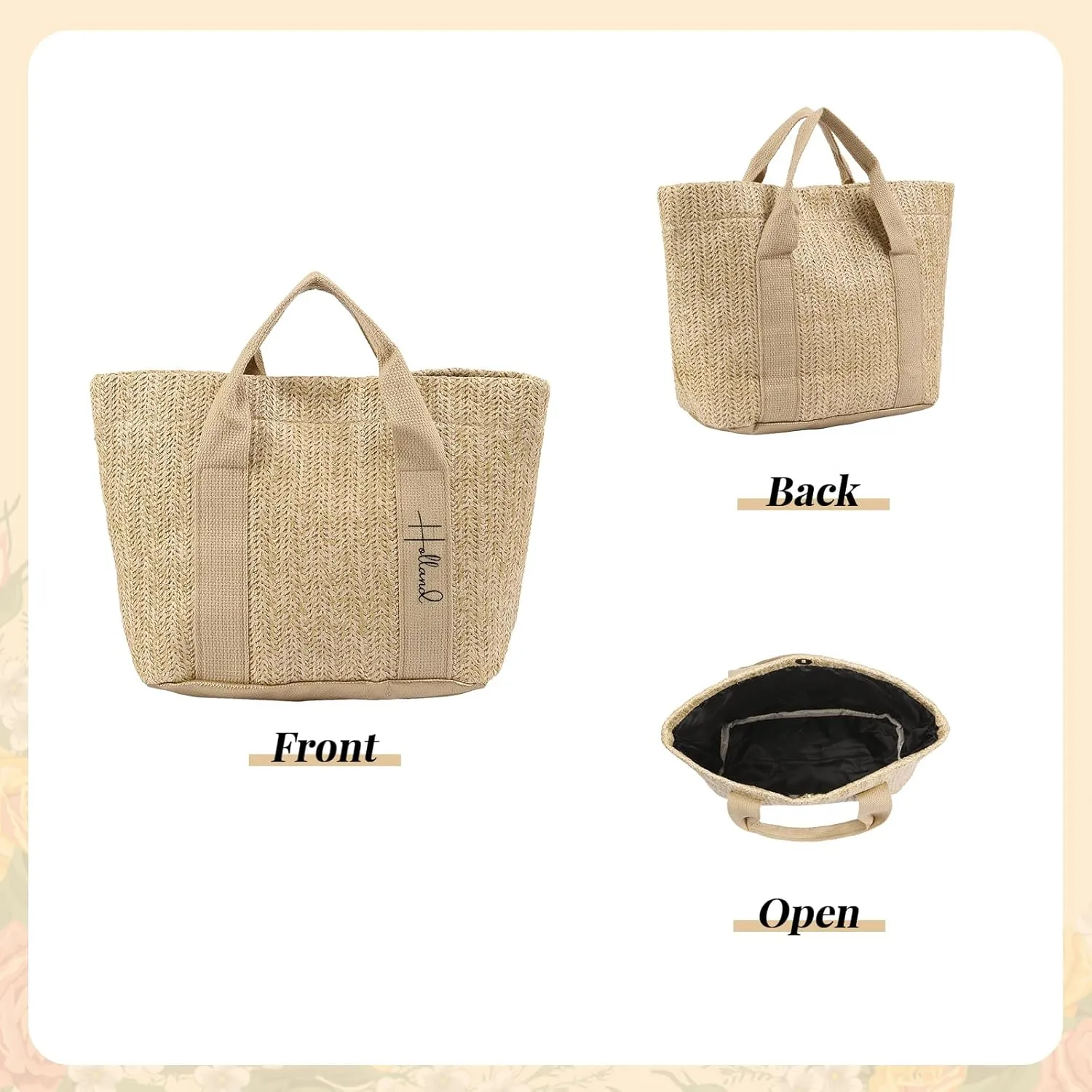 Personalized Straw Beach Tote Bag, Large Monogram Design with Flowers, Women Mother’s Day Gift