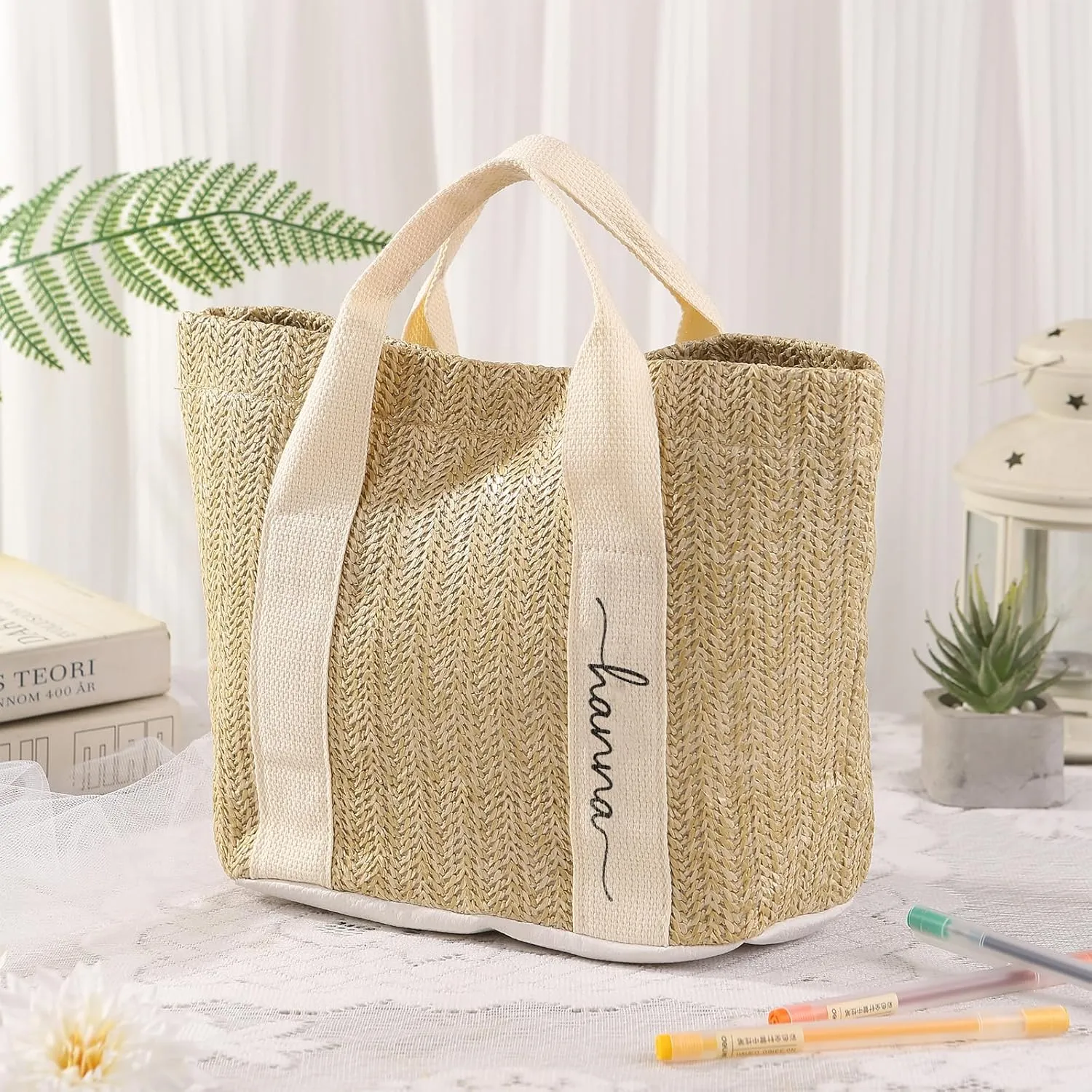 Personalized Straw Beach Tote Bag, Large Monogram Design with Flowers, Women Mother’s Day Gift
