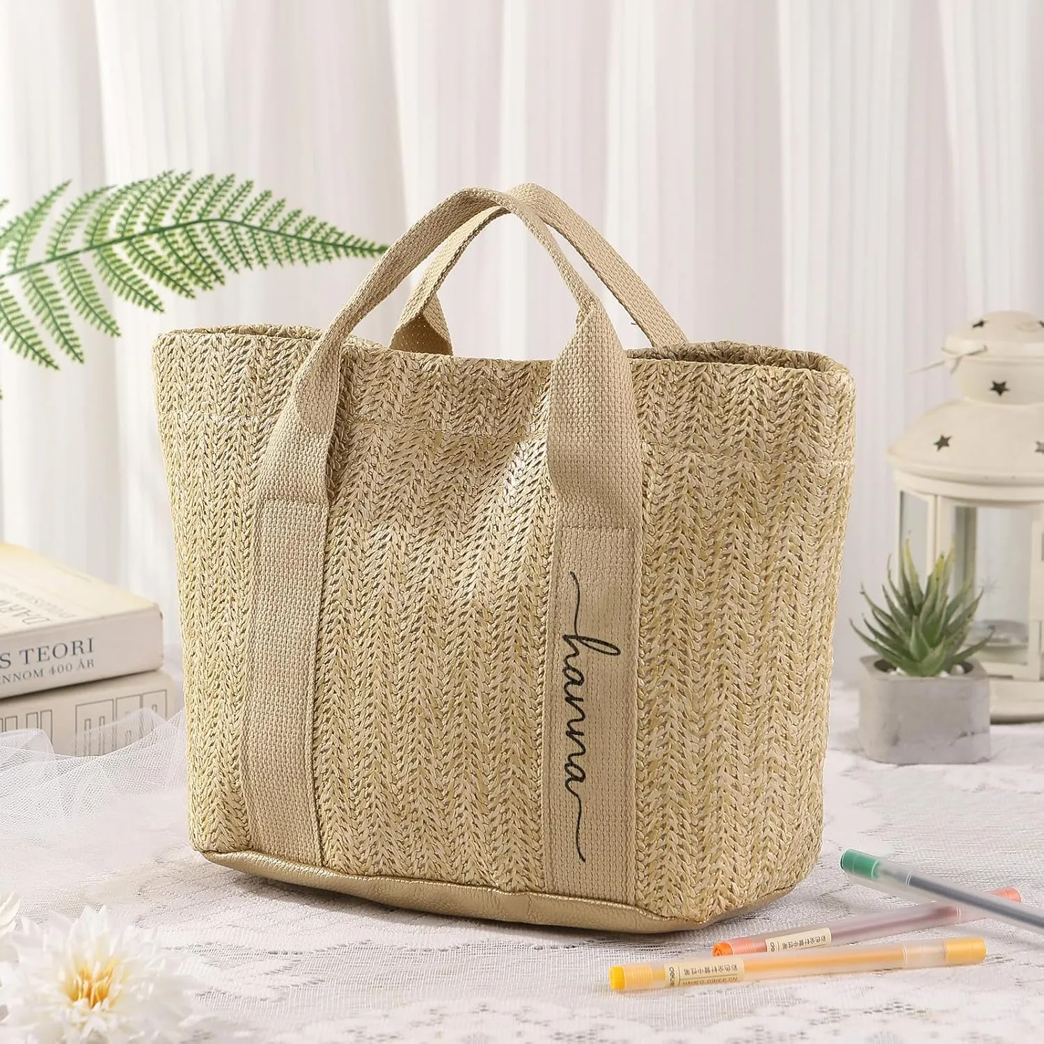 Personalized Straw Beach Tote Bag, Large Monogram Design with Flowers, Women Mother’s Day Gift