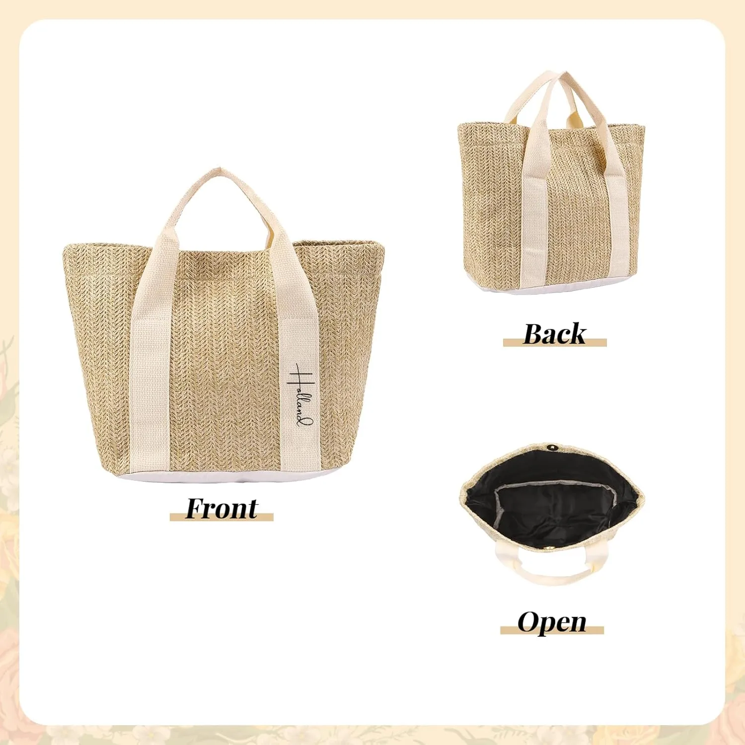 Personalized Straw Beach Tote Bag, Large Monogram Design with Flowers, Women Mother’s Day Gift