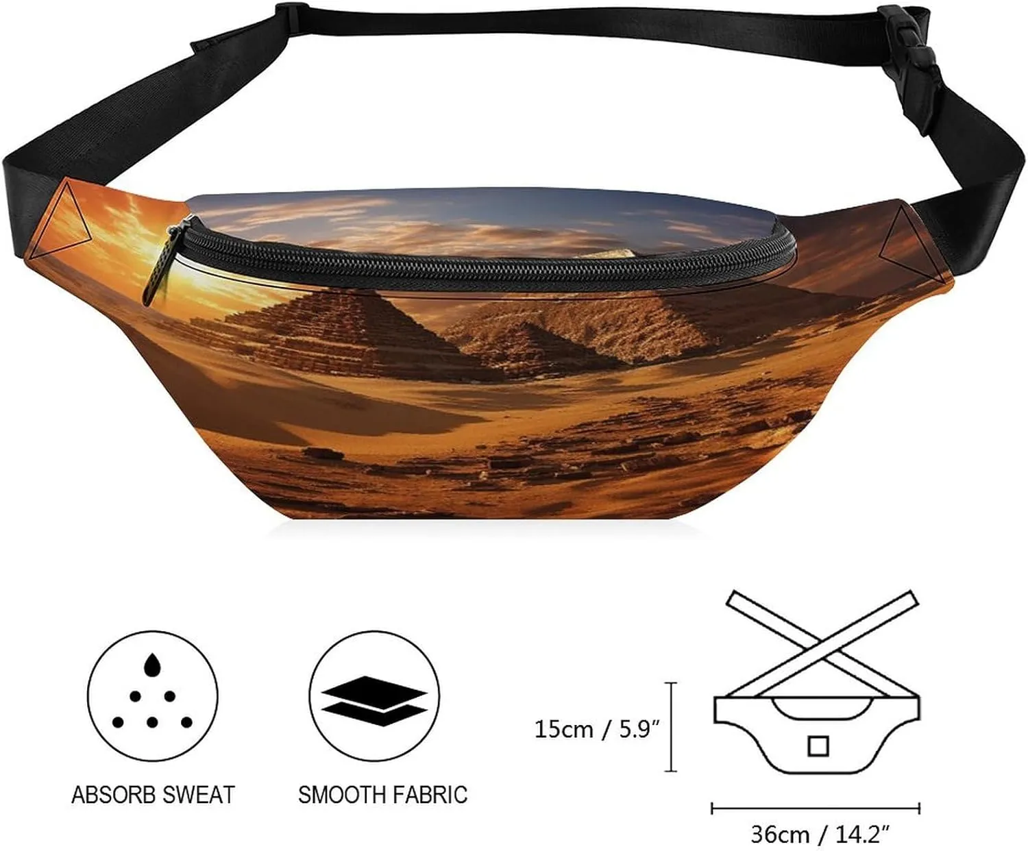 Personalized Waist Packs with Adjustable Strap,Egyptian Pyramids CrossBody Fanny Pack Casual Bag for Travel Sports Running Hiking