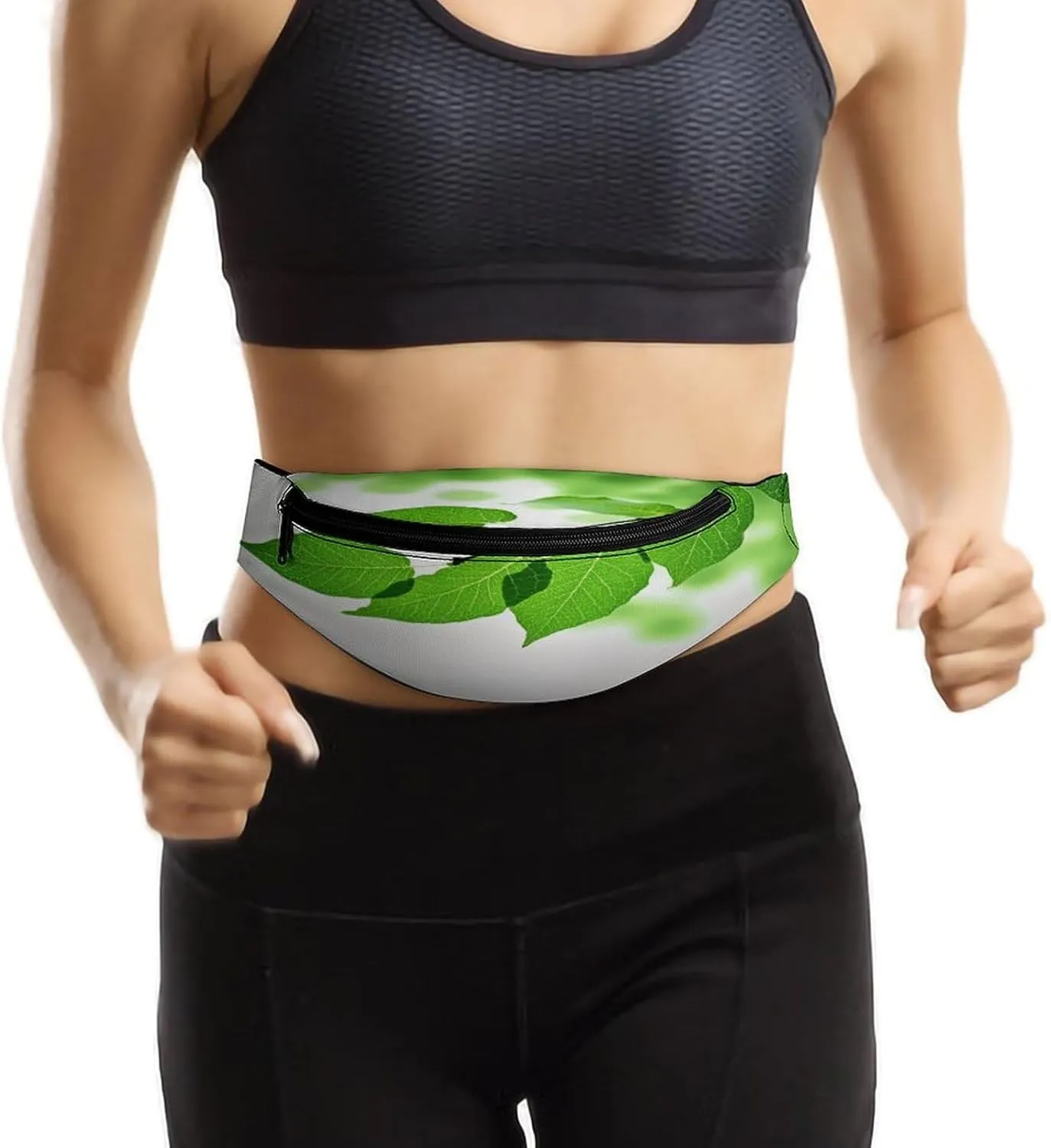 Personalized Waist Packs with Adjustable Strap,Green And White Leaf CrossBody Fanny Pack Casual Bag for Travel Sports Running Hiking