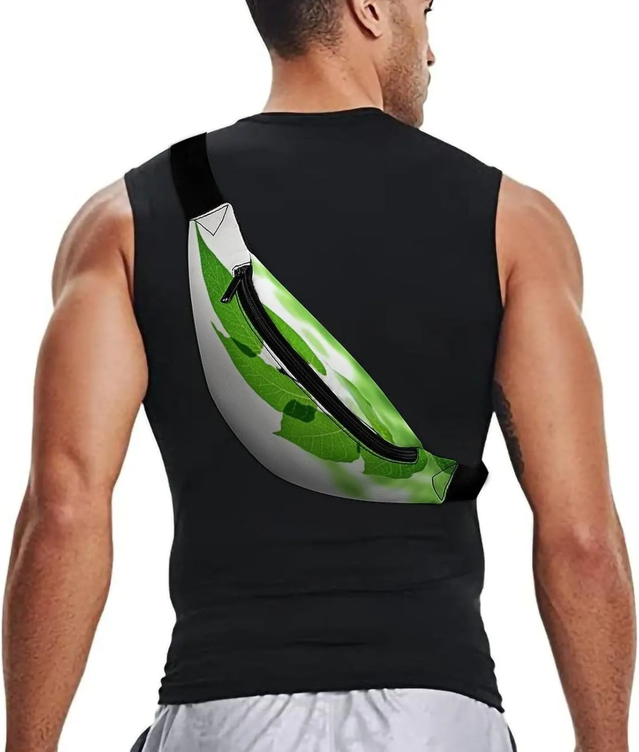 Personalized Waist Packs with Adjustable Strap,Green And White Leaf CrossBody Fanny Pack Casual Bag for Travel Sports Running Hiking