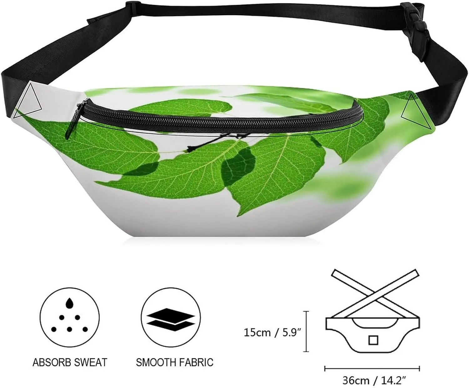 Personalized Waist Packs with Adjustable Strap,Green And White Leaf CrossBody Fanny Pack Casual Bag for Travel Sports Running Hiking