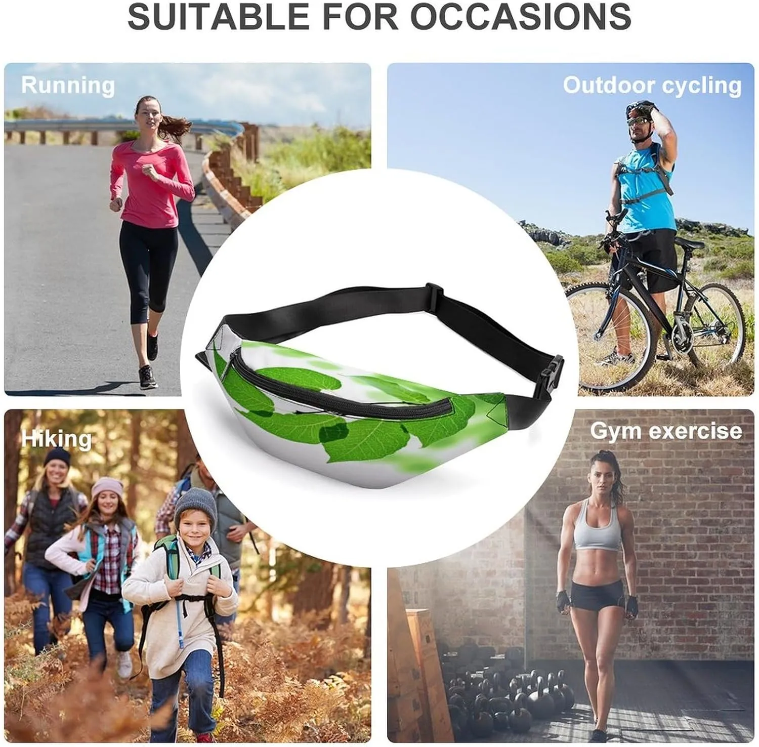 Personalized Waist Packs with Adjustable Strap,Green And White Leaf CrossBody Fanny Pack Casual Bag for Travel Sports Running Hiking