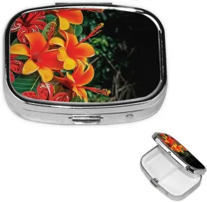 Pill Case with Mirror Retro 2 Compartment Pill Box Hawaii Flowers Small Pill Organizer for Purse or Pocket Decorative Metal Medicine Vitamin Organizer Unique Gifts