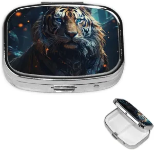 Pill Case with Mirror Retro 2 Compartment Pill Box Tiger Small Pill Organizer for Purse or Pocket Decorative Metal Medicine Vitamin Organizer Unique Gifts