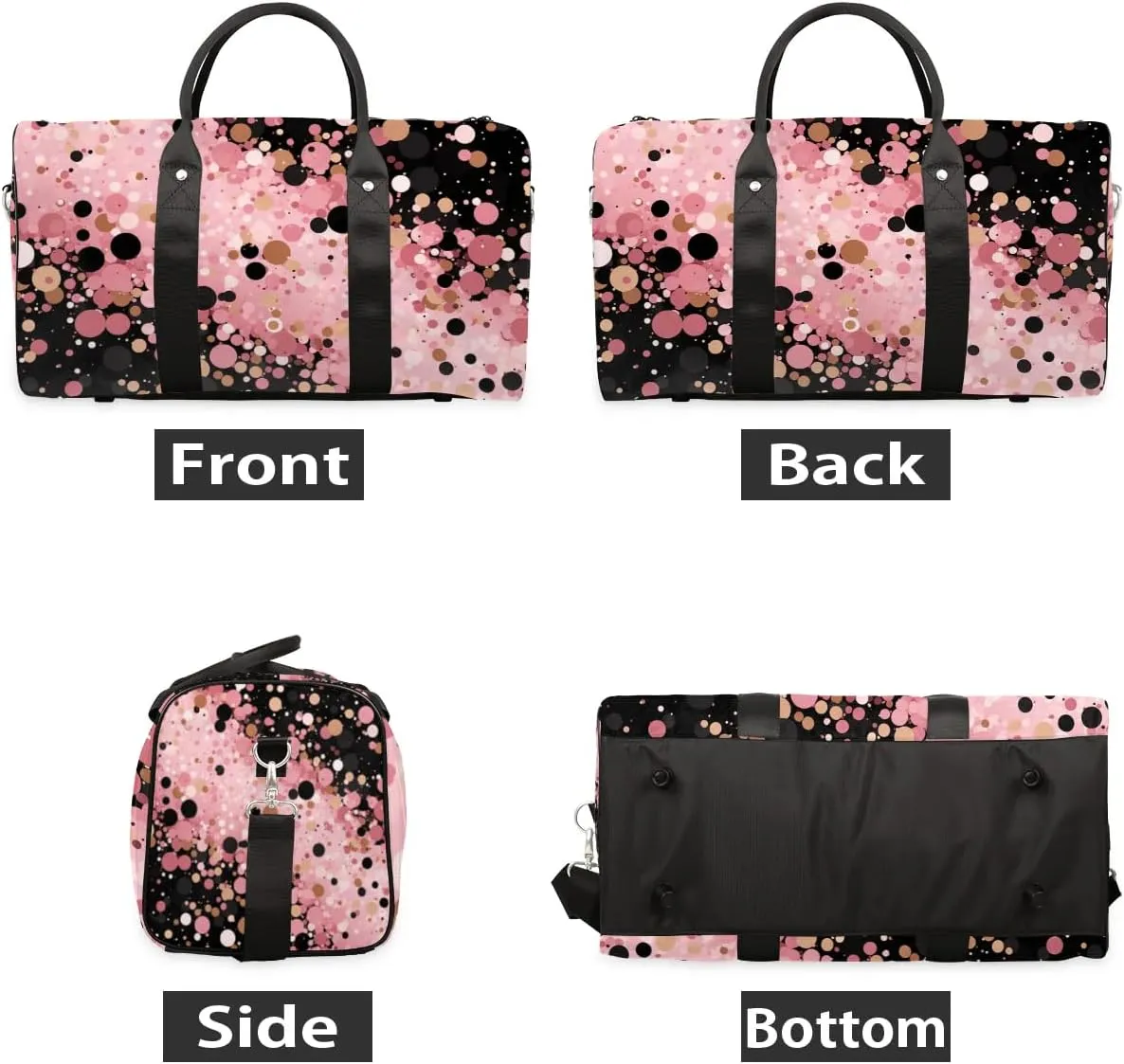 Pink Black Travel Duffel Bag for Women Men Waterproof Foldable Overnight Weekender Bag Large Capacity Sports Gym Bag
