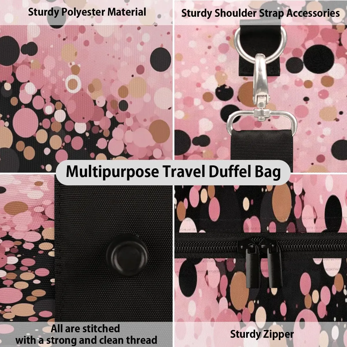Pink Black Travel Duffel Bag for Women Men Waterproof Foldable Overnight Weekender Bag Large Capacity Sports Gym Bag