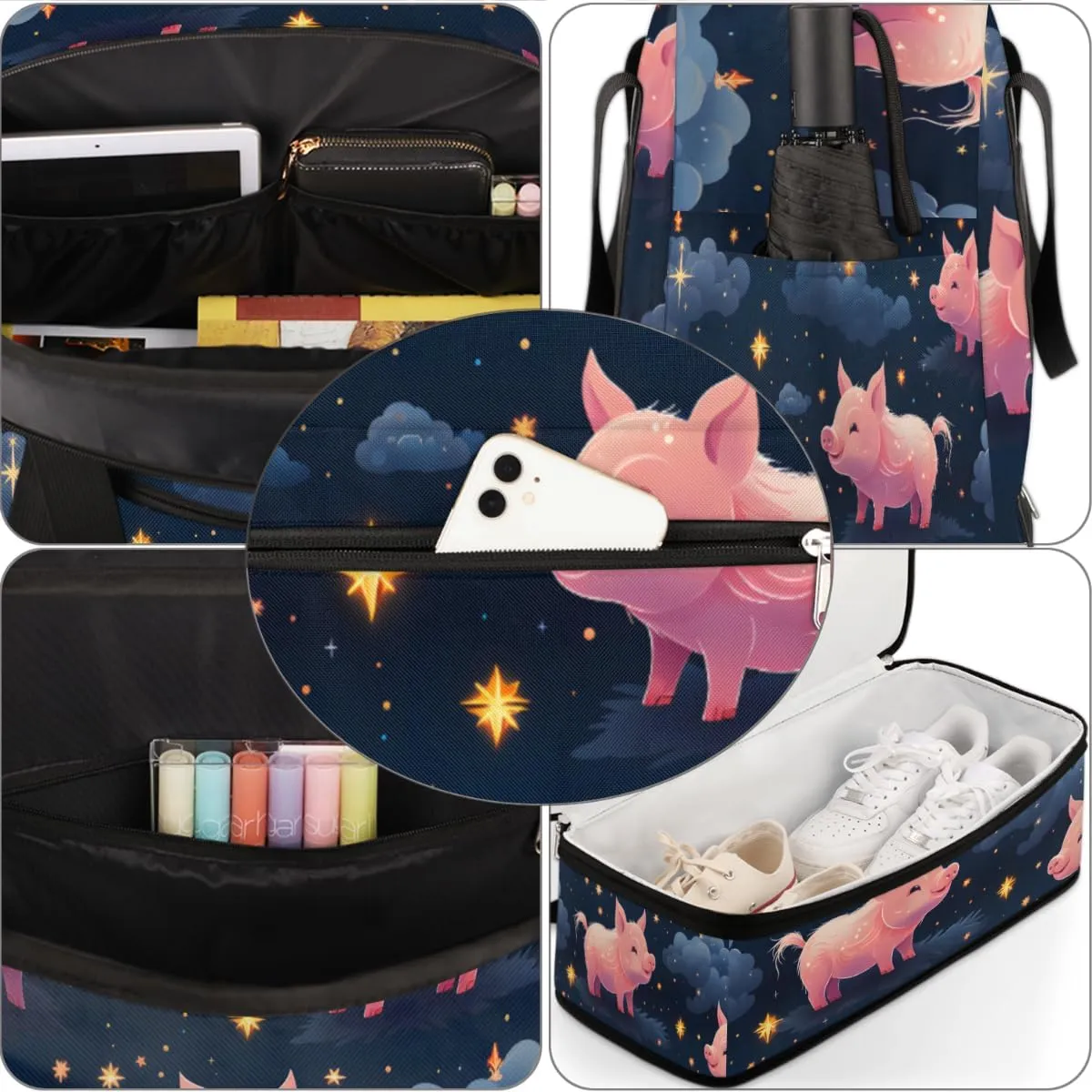 Pink Cartoon Pig Print Foldable Travel Duffel Bag Overnight Weekender Bag with Shoes Compartment Sports Gym Bag for Men Women