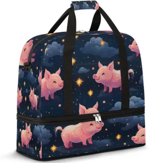 Pink Cartoon Pig Print Foldable Travel Duffel Bag Overnight Weekender Bag with Shoes Compartment Sports Gym Bag for Men Women