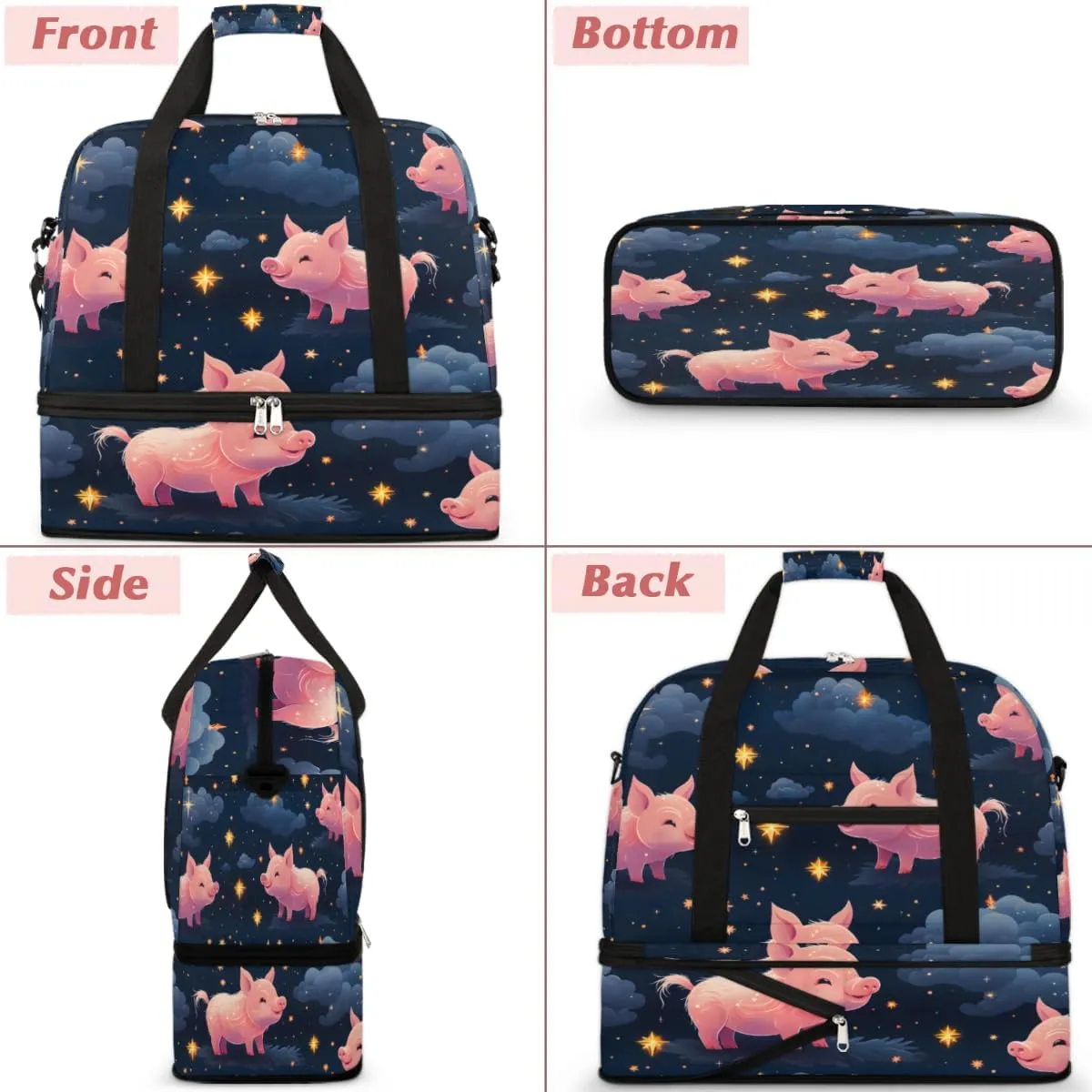 Pink Cartoon Pig Print Foldable Travel Duffel Bag Overnight Weekender Bag with Shoes Compartment Sports Gym Bag for Men Women