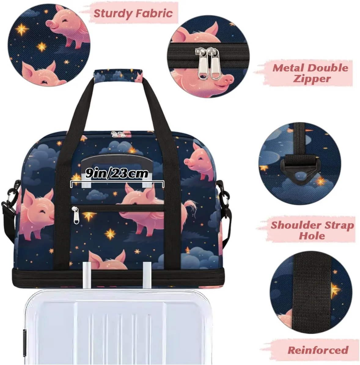 Pink Cartoon Pig Print Foldable Travel Duffel Bag Overnight Weekender Bag with Shoes Compartment Sports Gym Bag for Men Women