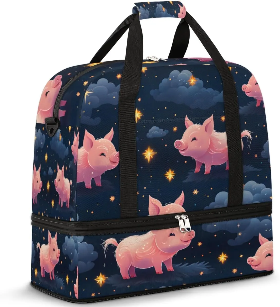 Pink Cartoon Pig Print Foldable Travel Duffel Bag Overnight Weekender Bag with Shoes Compartment Sports Gym Bag for Men Women