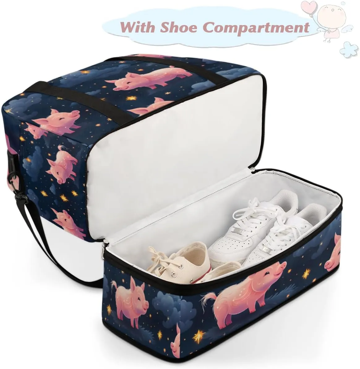 Pink Cartoon Pig Print Foldable Travel Duffel Bag Overnight Weekender Bag with Shoes Compartment Sports Gym Bag for Men Women