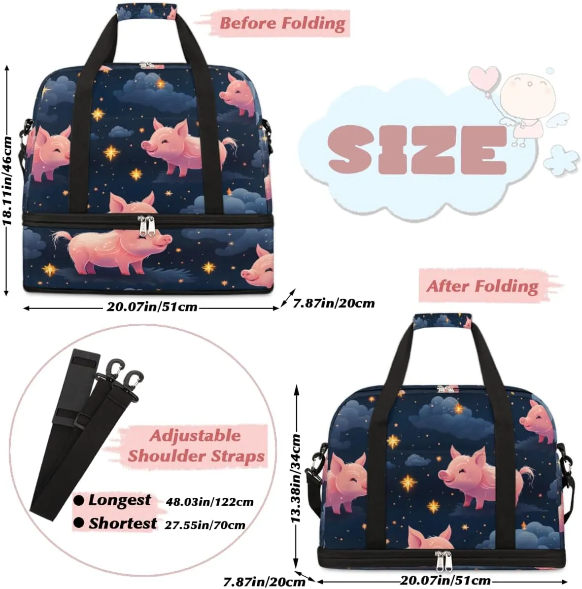 Pink Cartoon Pig Print Foldable Travel Duffel Bag Overnight Weekender Bag with Shoes Compartment Sports Gym Bag for Men Women