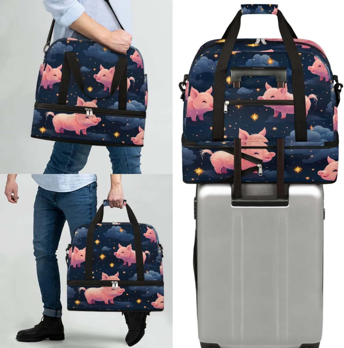 Pink Cartoon Pig Print Foldable Travel Duffel Bag Overnight Weekender Bag with Shoes Compartment Sports Gym Bag for Men Women