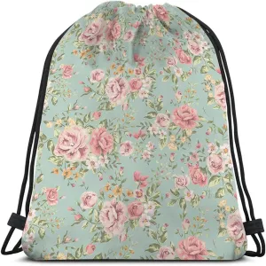Pink Flowers Drawstring Bag - Vintage Floral Design Retro Blooming Summer Rose Peony Romantic Sport Gym Sack for Men Women