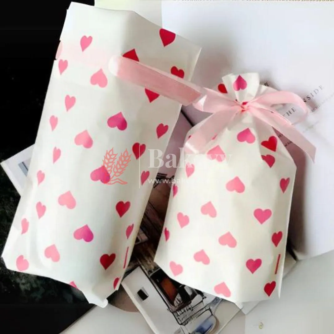Pink Hearts Stand Up Treat Favor Bags Gift Wrapper Bags for Candy Cookie Chocolate | Pack of 50