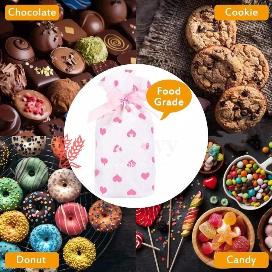 Pink Hearts Stand Up Treat Favor Bags Gift Wrapper Bags for Candy Cookie Chocolate | Pack of 50