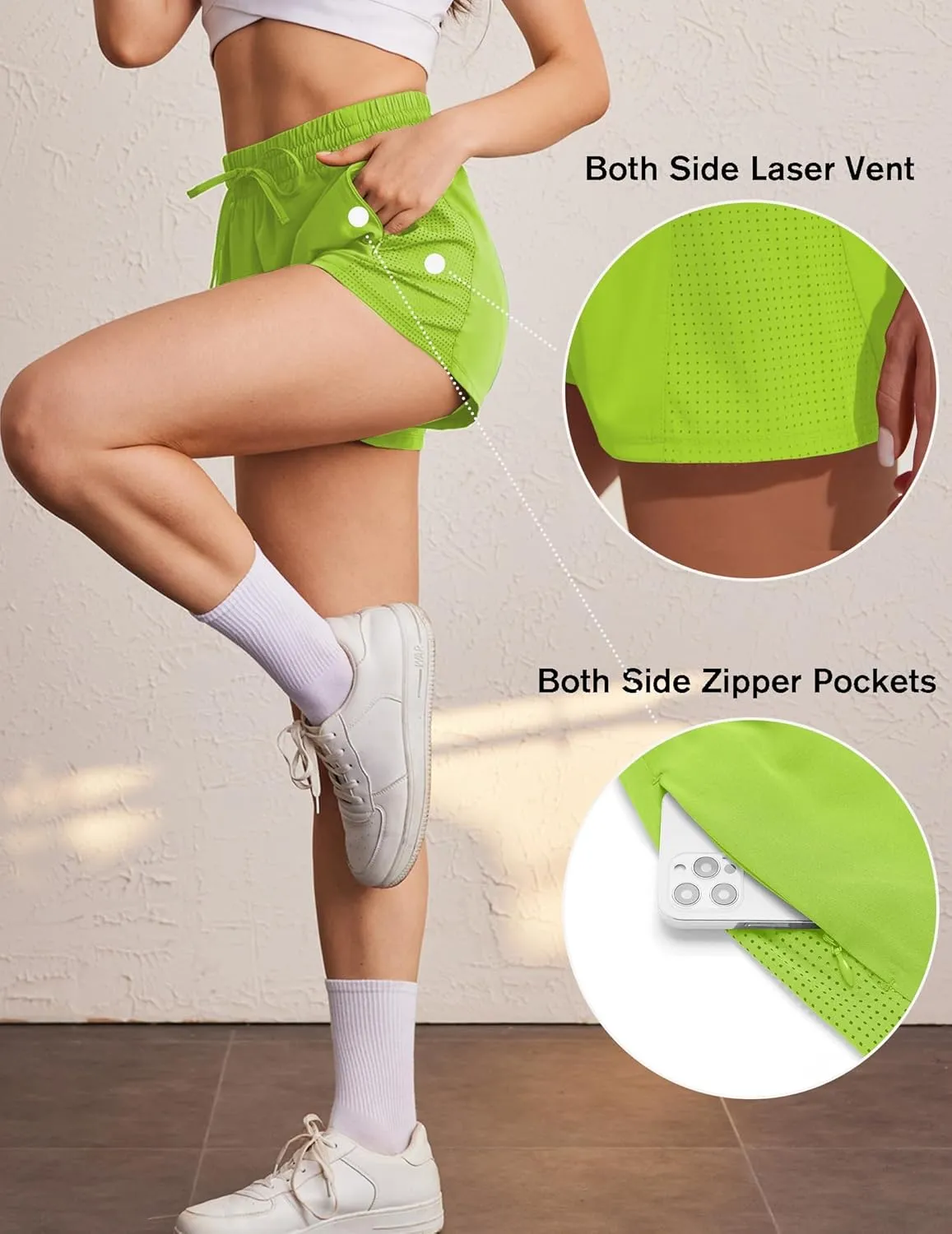 PINSPARK Womens Athletic Shorts High Waisted Running Shorts 2 in 1 Drawstring Quick Dry Gym Shorts with Zipper Pockets