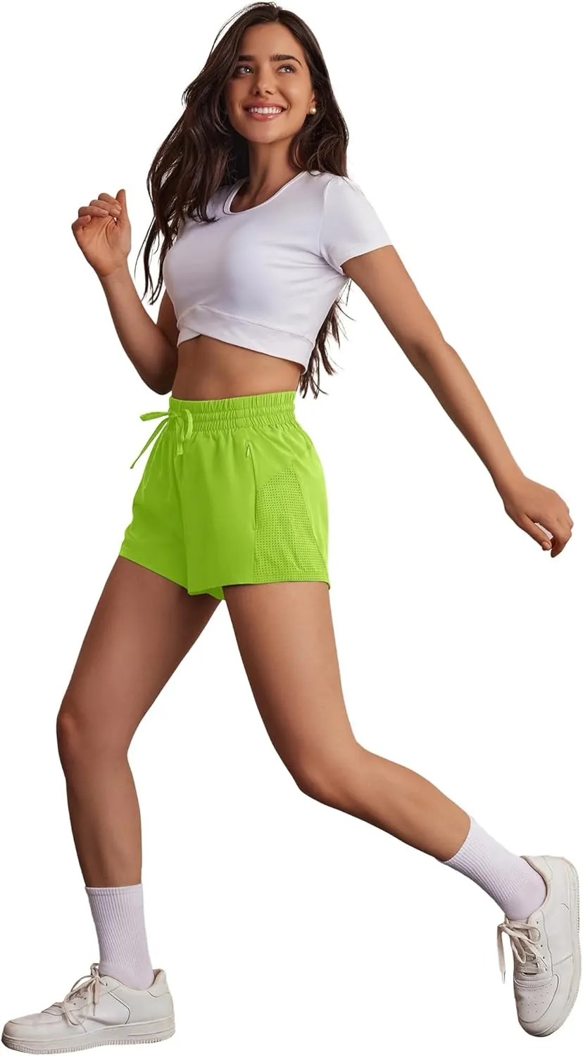 PINSPARK Womens Athletic Shorts High Waisted Running Shorts 2 in 1 Drawstring Quick Dry Gym Shorts with Zipper Pockets