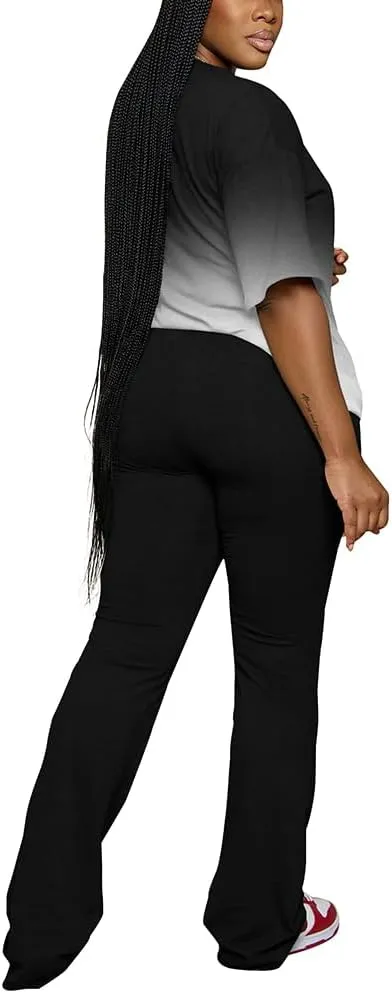 PINSV Women 2 Piece Outfits Short Sleeve Top and Flare Pants Lounge Sets Tracksuit