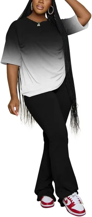 PINSV Women 2 Piece Outfits Short Sleeve Top and Flare Pants Lounge Sets Tracksuit