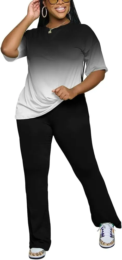 PINSV Women 2 Piece Outfits Short Sleeve Top and Flare Pants Lounge Sets Tracksuit