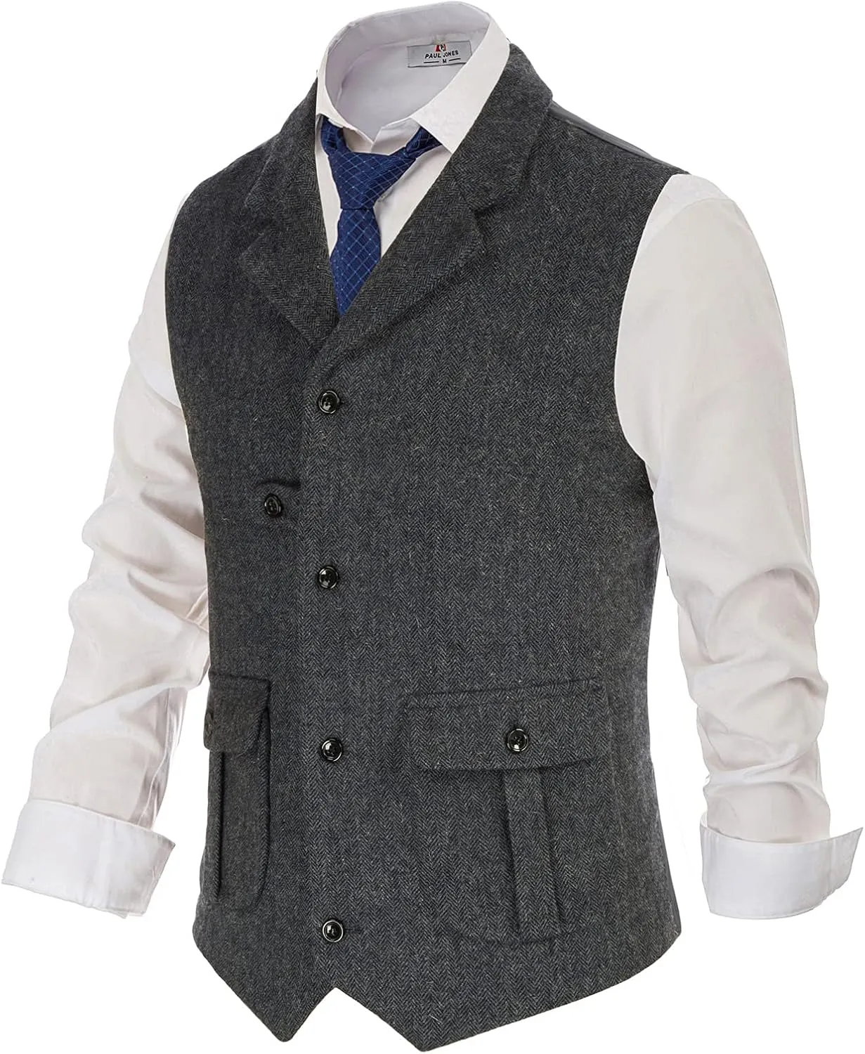 PJ PAUL JONES Mens Western Herringbone Suit Vest Tweed Wool Blend Slim Fit Waistcoat