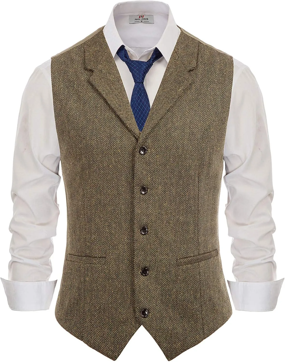 PJ PAUL JONES Mens Western Herringbone Suit Vest Tweed Wool Blend Slim Fit Waistcoat