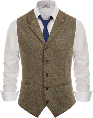 PJ PAUL JONES Mens Western Herringbone Suit Vest Tweed Wool Blend Slim Fit Waistcoat