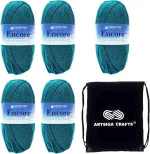 Plymouth Yarn for Knitting Encore Worsted Teal Topaz 0157, 5-Skeins (Same Dyelot, Total: 500 gr, 1000 yds), Medium Weight #4, 75% Acrylic/25% Wool Blend, with Project Bag