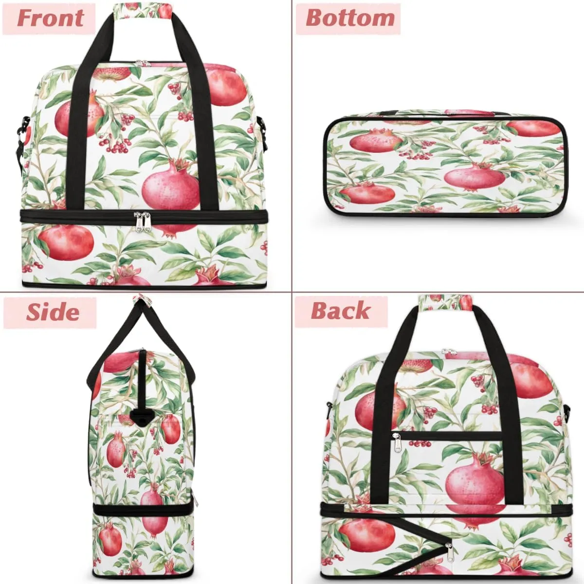 Pomegranates Flowers Pattern Foldable Duffle Bag with Shoes Compartment Large Capacity Waterproof Travel Weekender Bag Overnight Bag for Sports Gym