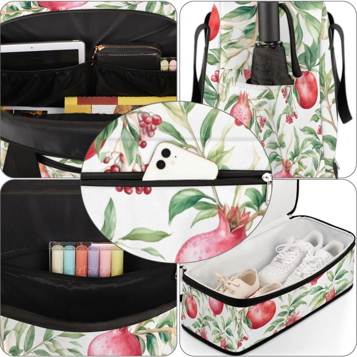 Pomegranates Flowers Pattern Foldable Duffle Bag with Shoes Compartment Large Capacity Waterproof Travel Weekender Bag Overnight Bag for Sports Gym