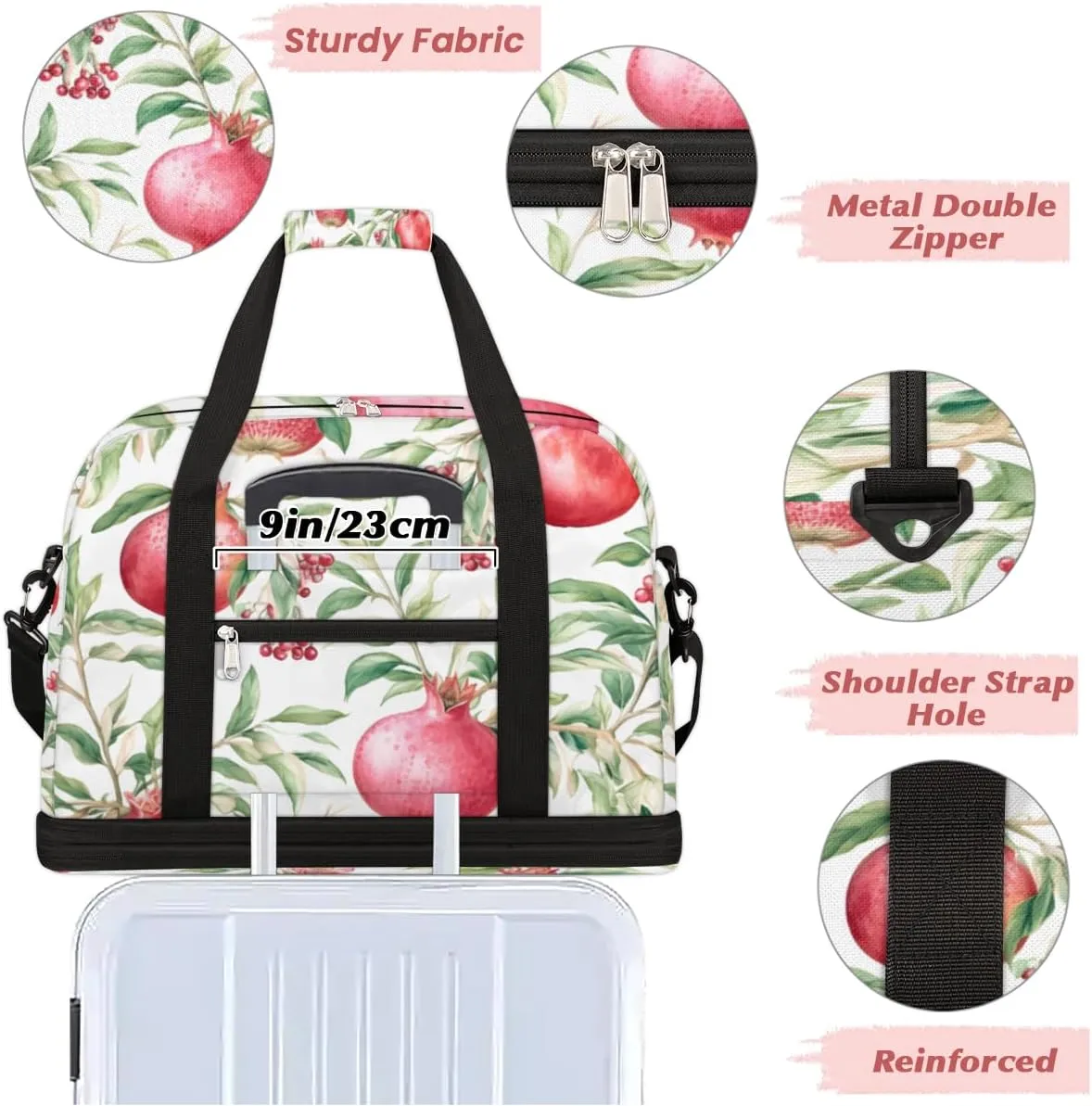 Pomegranates Flowers Pattern Foldable Duffle Bag with Shoes Compartment Large Capacity Waterproof Travel Weekender Bag Overnight Bag for Sports Gym
