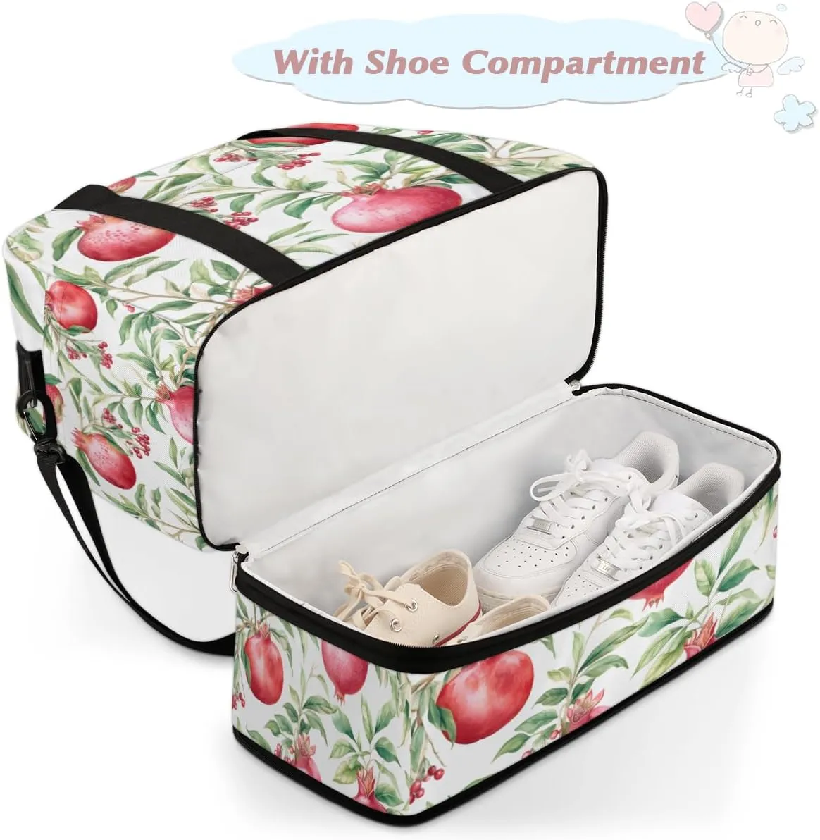 Pomegranates Flowers Pattern Foldable Duffle Bag with Shoes Compartment Large Capacity Waterproof Travel Weekender Bag Overnight Bag for Sports Gym