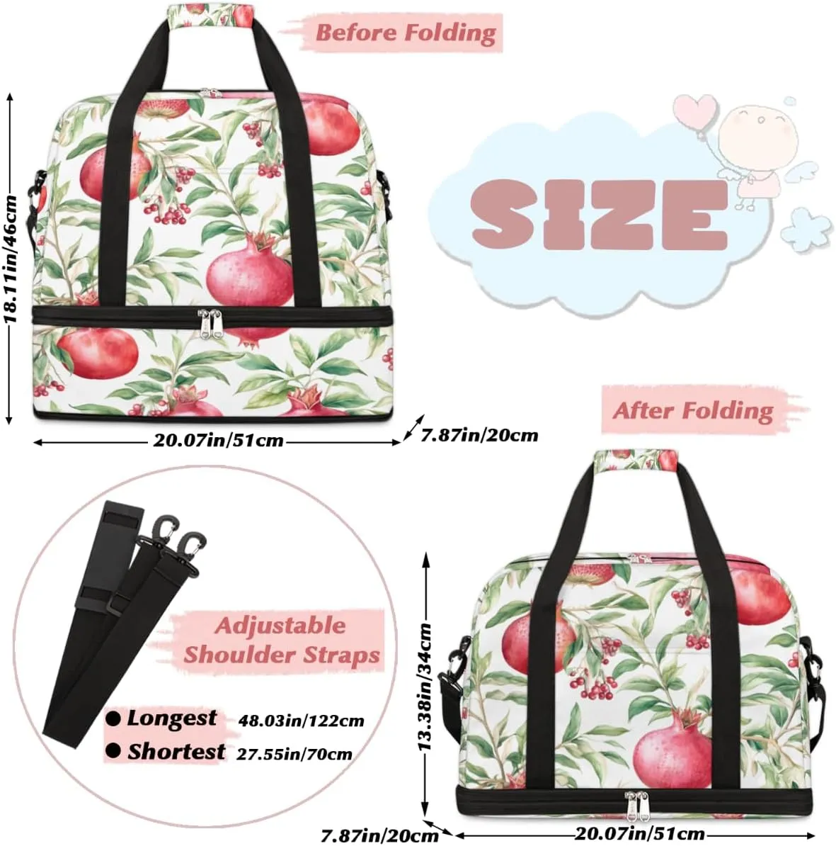 Pomegranates Flowers Pattern Foldable Duffle Bag with Shoes Compartment Large Capacity Waterproof Travel Weekender Bag Overnight Bag for Sports Gym