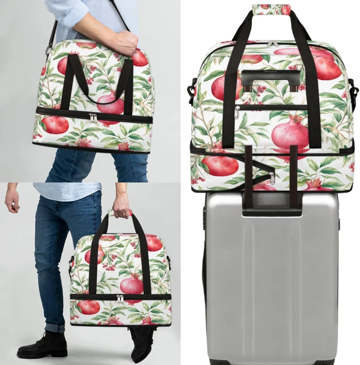 Pomegranates Flowers Pattern Foldable Duffle Bag with Shoes Compartment Large Capacity Waterproof Travel Weekender Bag Overnight Bag for Sports Gym