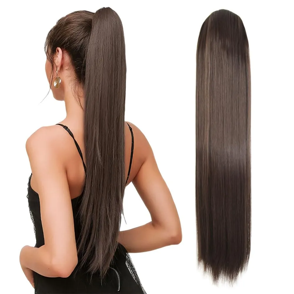 Ponytail Extension, Long Straight Drawstring Pony Tail 26 Inch, Clip in Sleek Natural Fake Synthetic Hairpieces (8#)