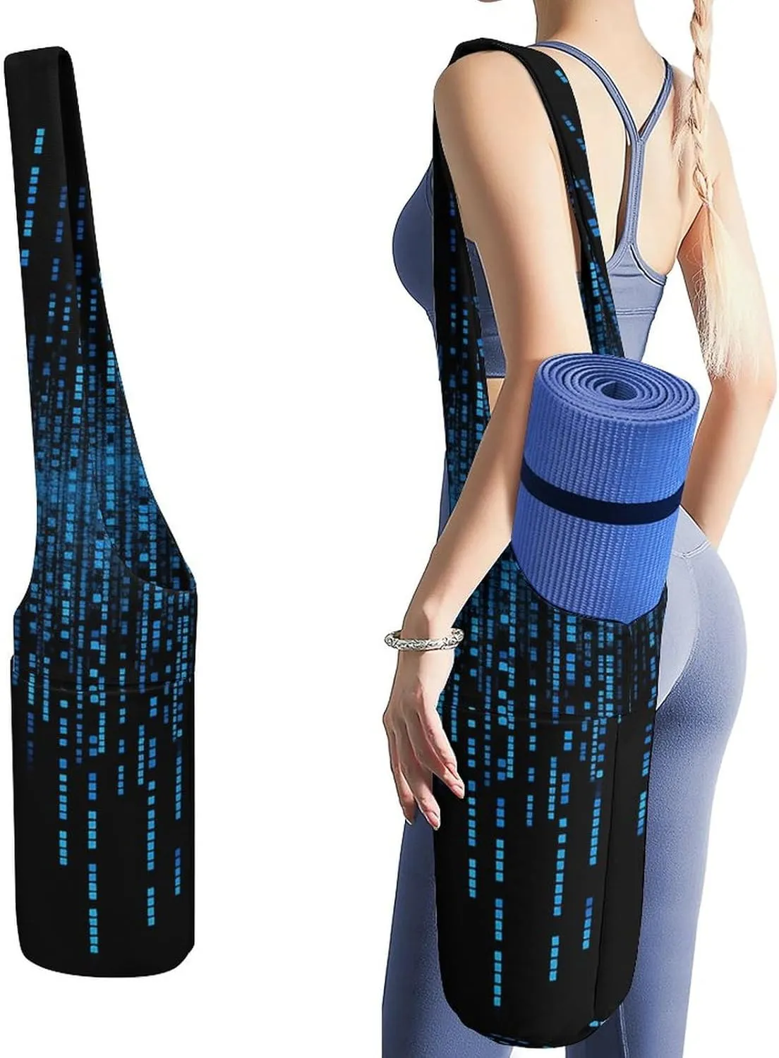 Portable Yoga Mat Bag The Blue Binary Matrix Printed Gym Bag with Strap Yoga Mat Storage Bag Gym Tote Sports Bag for Pilates Travel Men Women