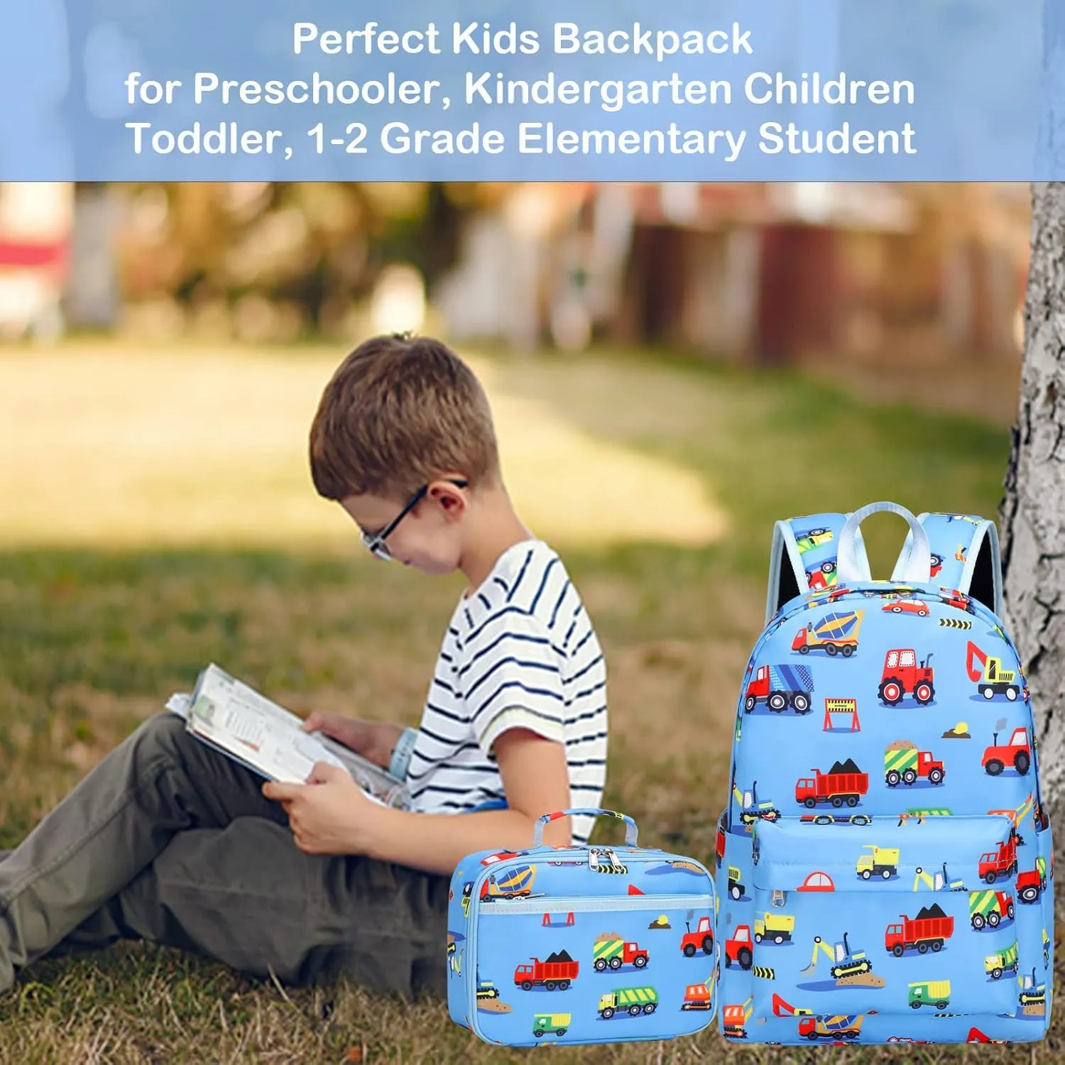 Preschool Backpack for Boys, Kids Backpack with Lunch Box Construction Backpack for Preschool Kindergarten Daycare and Travel, Car School Bookbag with Chest Buckle (Light Blue Construction)